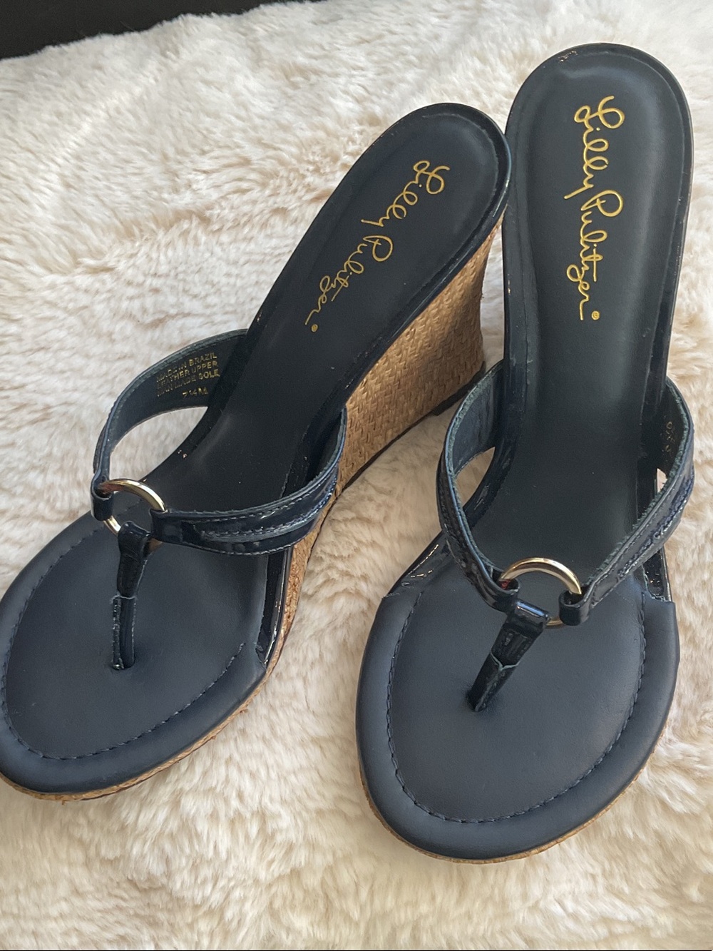 Lilly Pulitzer Navy Wedge Thong Sandals with Woven Heel